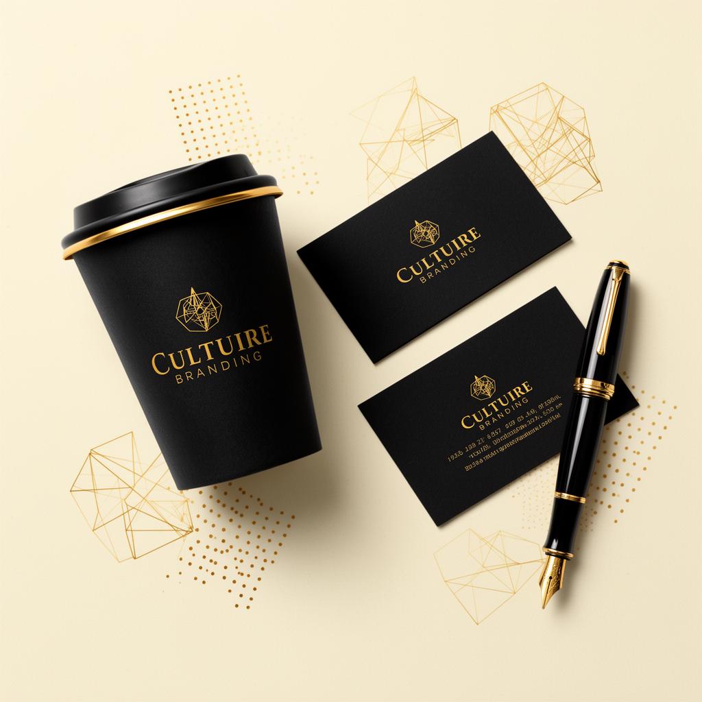 Premium branding mockup with coffee cup, business cards and gold pen
